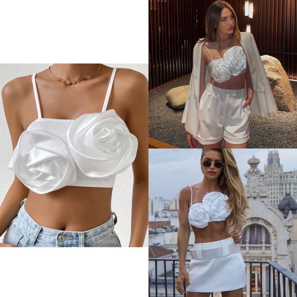 White 3D Stereo Flower Cami Top